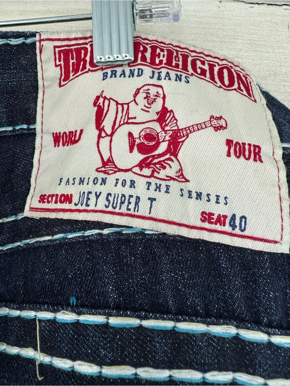 True Religion Men's Joey super T  Blue Straight Jeans with rainbow stitching